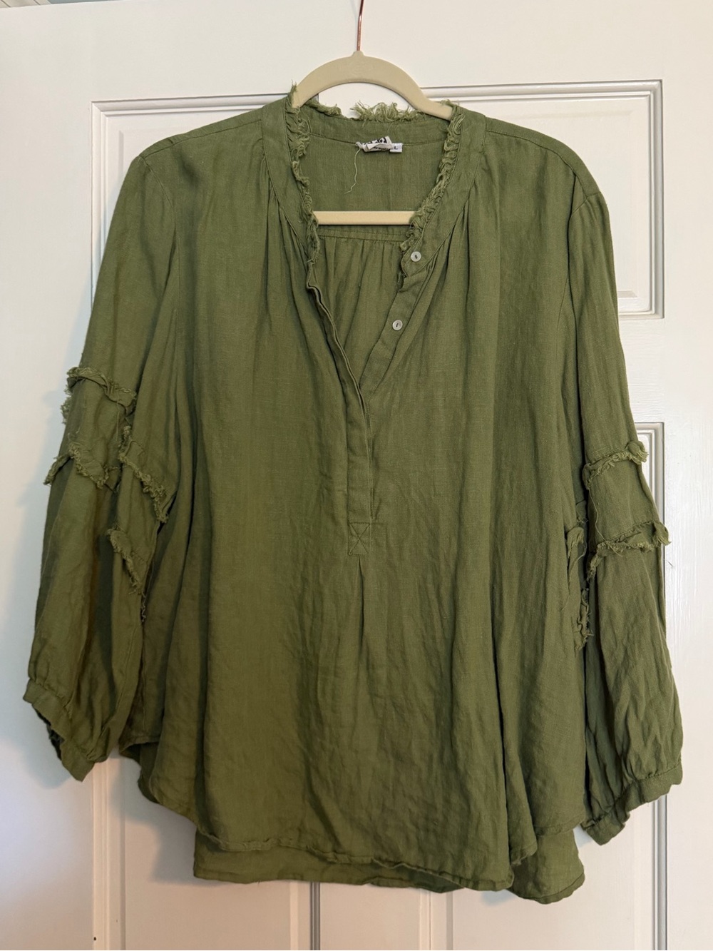 Linen Relaxed Olive Green Women's Peasant Top with Ruffle Sleeves